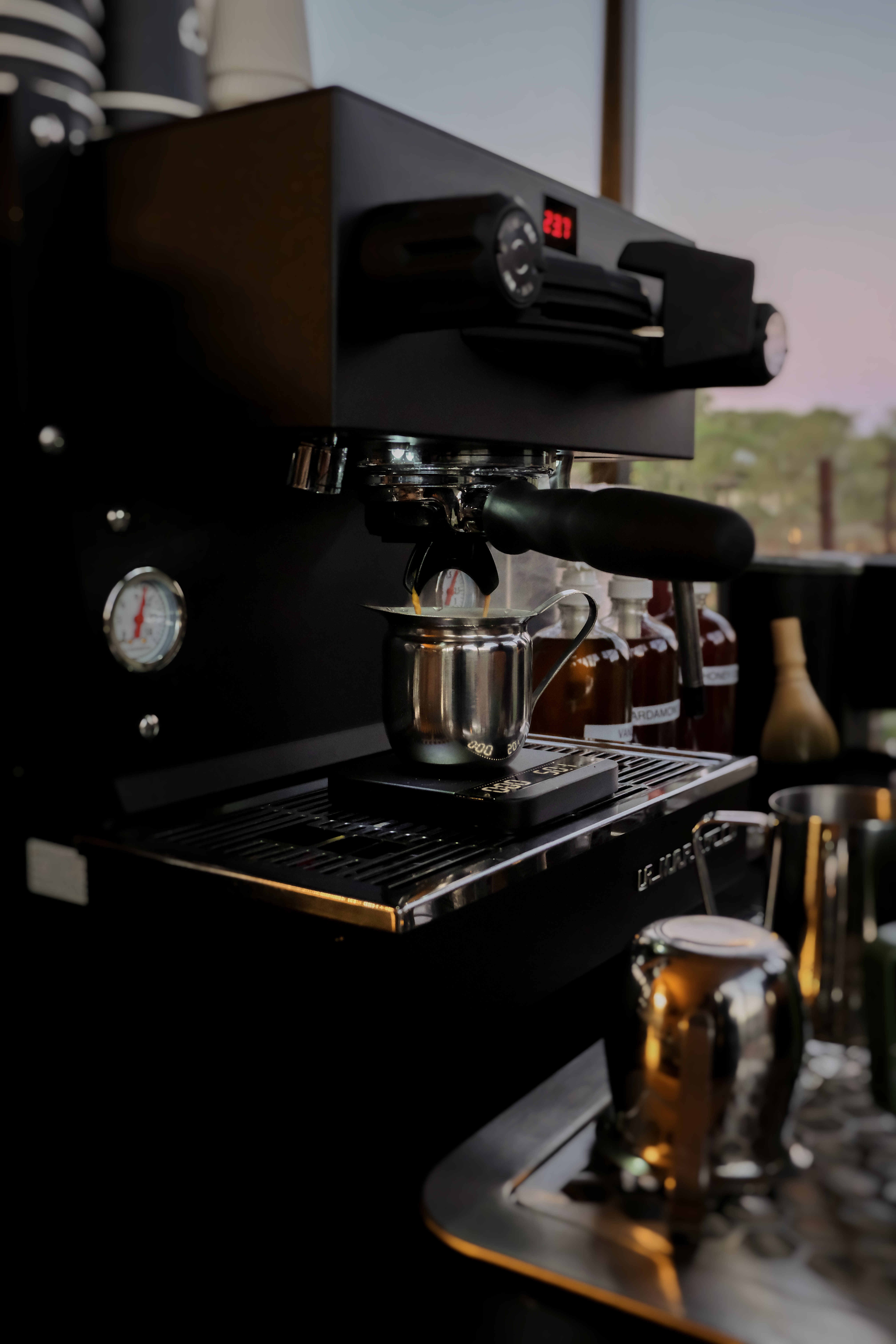 Fez Coffee commercial espresso machine setup at a brand activation event in San Francisco.
