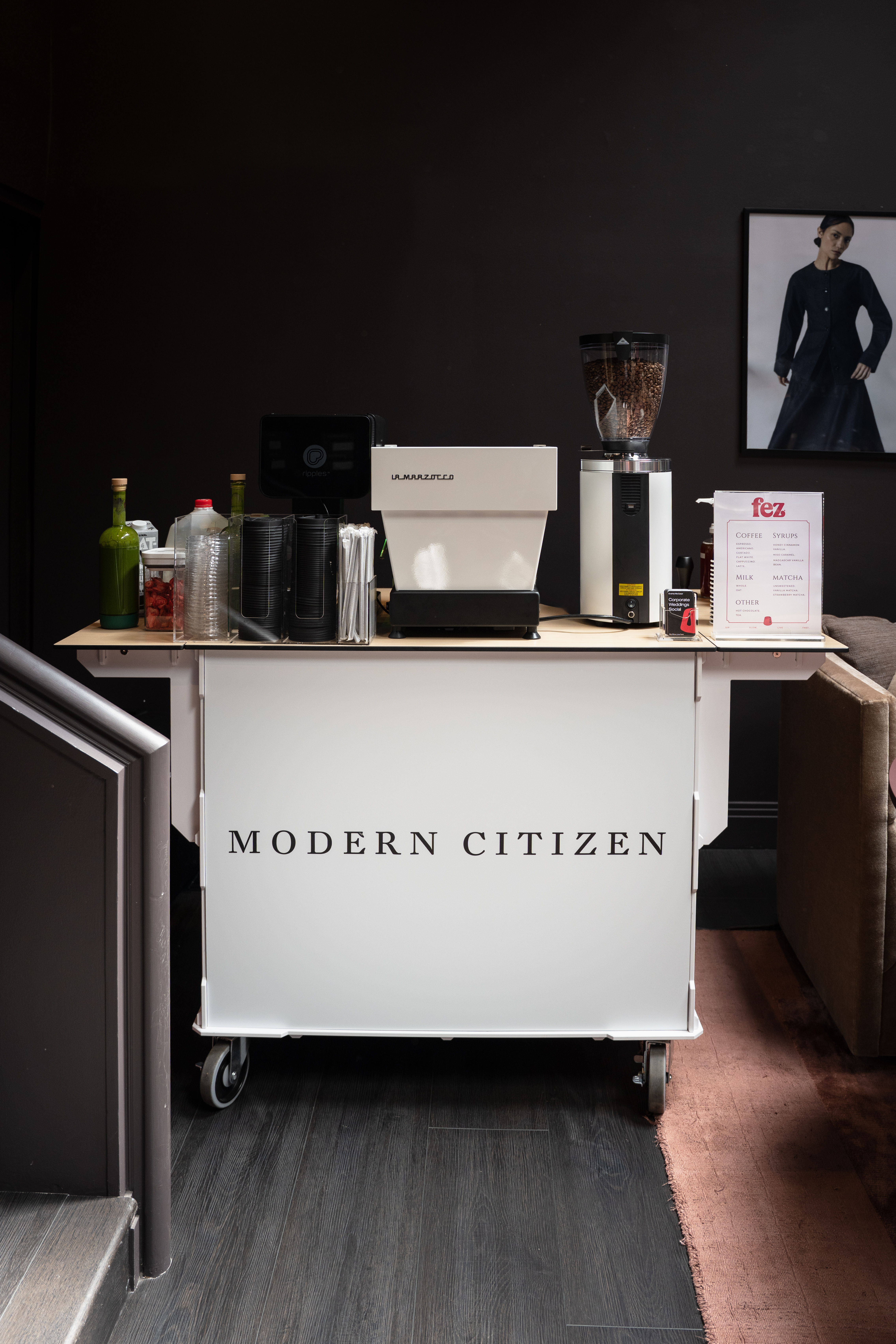 Fez Coffee branded espresso cart at a brand activation — Modern Citizen, Chicago
