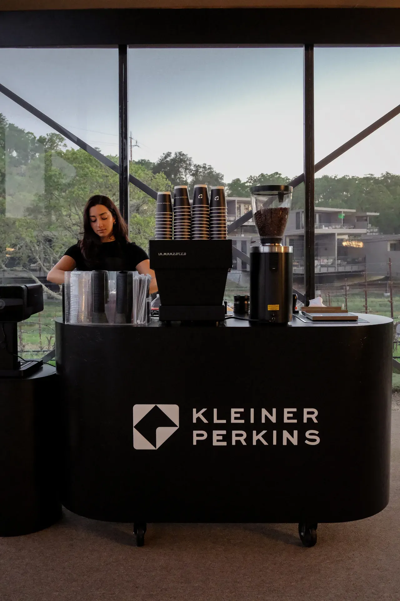 Fez Coffee barista at a branded Kleiner Perkins espresso cart — corporate coffee catering San Francisco