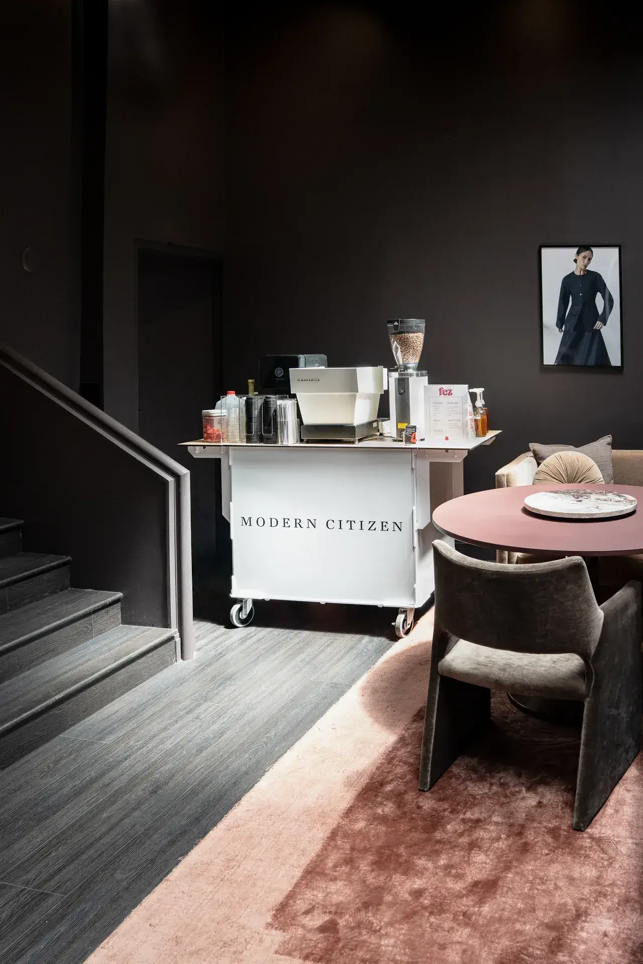 Fez Coffee espresso cart set up inside the Modern Citizen boutique during a brand activation event.